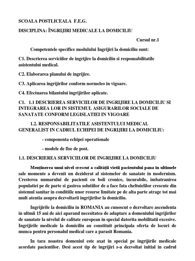 Ingrijiri Medicale La Domiciliu - Suport de Curs | PDF