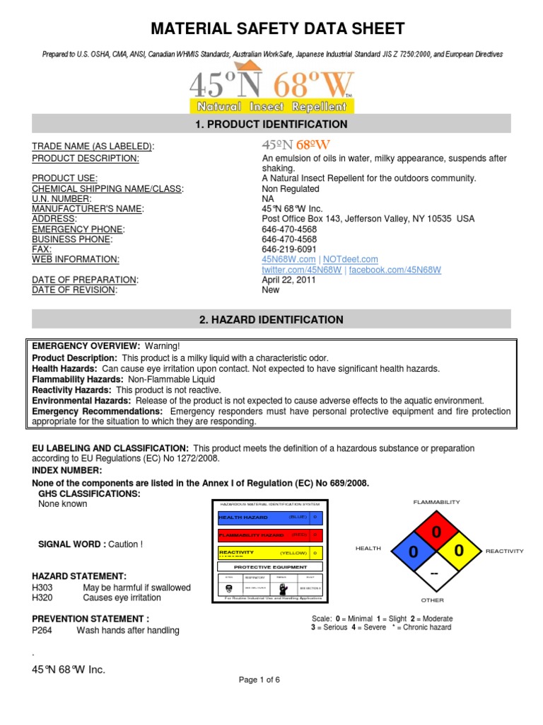 45N 68W Natural Insect Repellent MSDS 4282011 Dangerous Goods