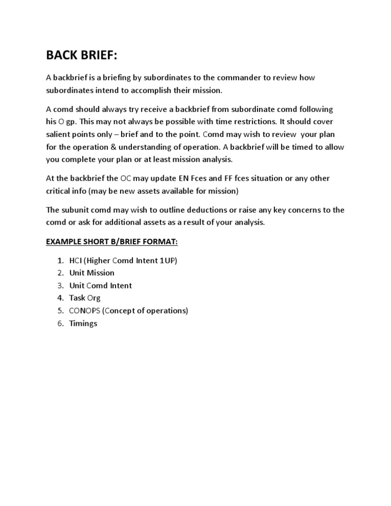 Providing a Concise Backbrief Outlining Your Plan and Understanding of