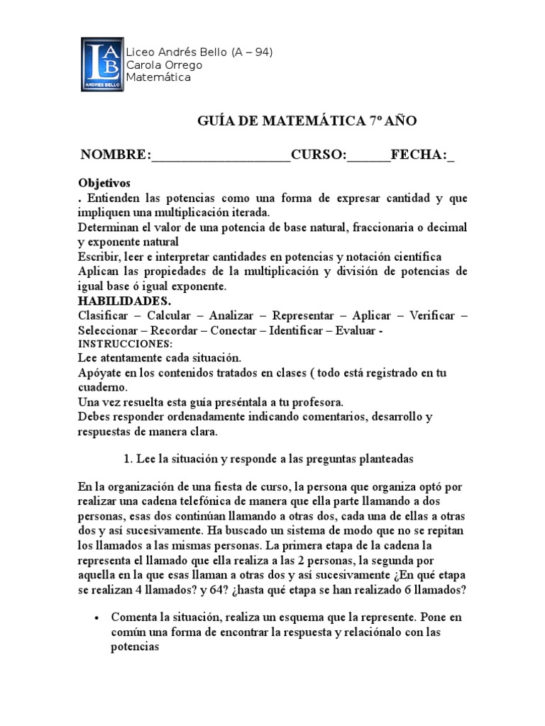 Guía De Matemática 7º Potencias 1 Pdf Exponenciación Enseñanza De