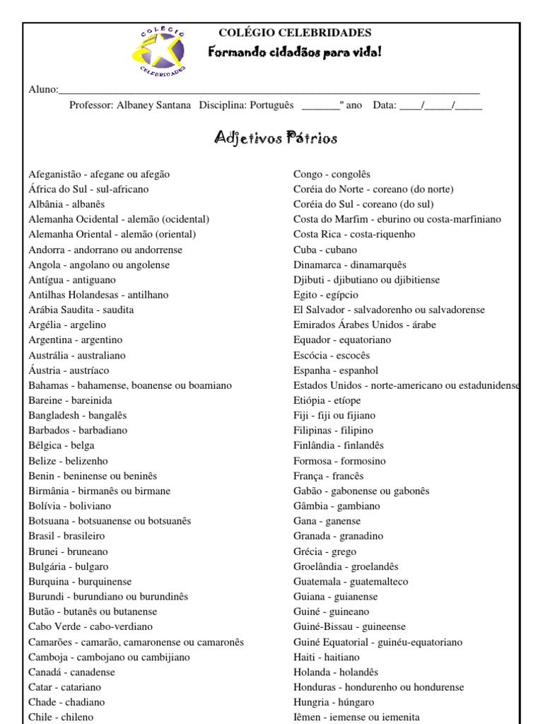 Adjetivos Patrios | Idiomas | Artes Linguísticas e Disciplina