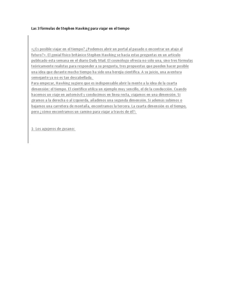 Las 3 Fórmulas de Stephen Hawking para Viajar en El Tiempo | PDF ...