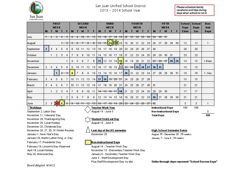 San Juan Unified School District Calendar 2013 - 14 | PDF