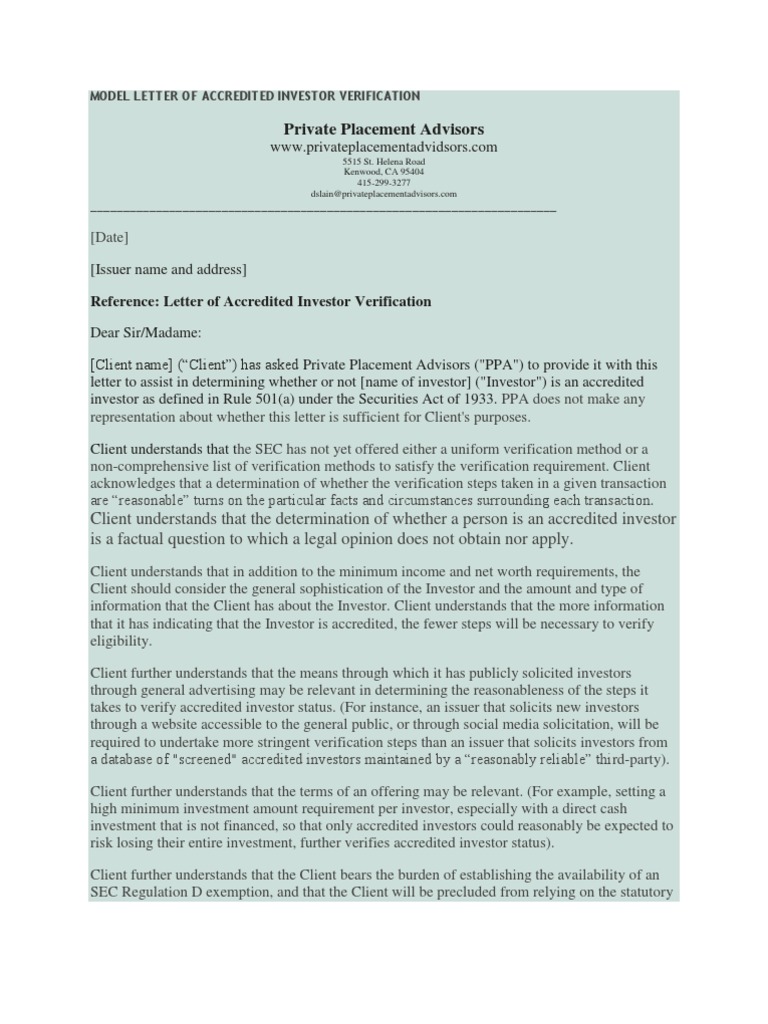 16++ Accredited investor verification letter