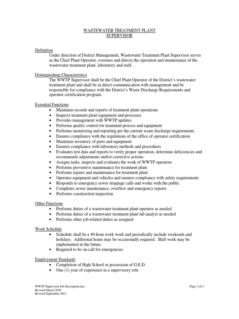 WWTP Supervisor Job Description | PDF | Business | Computers