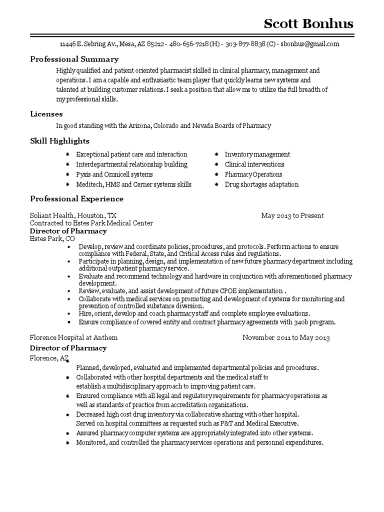 Scott Bonhus Resume Pharmacy Pharmaceutical Drug