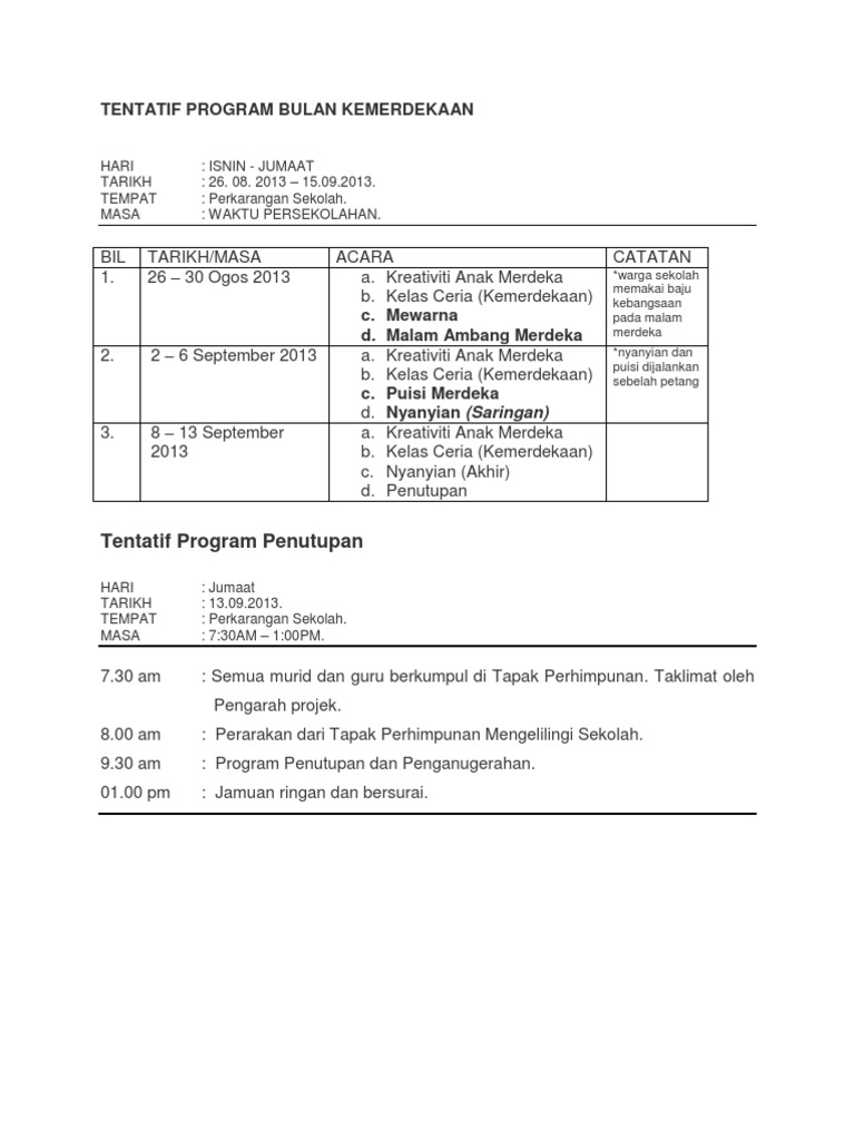 Tentatif Program Bulan Kemerdekaan | PDF