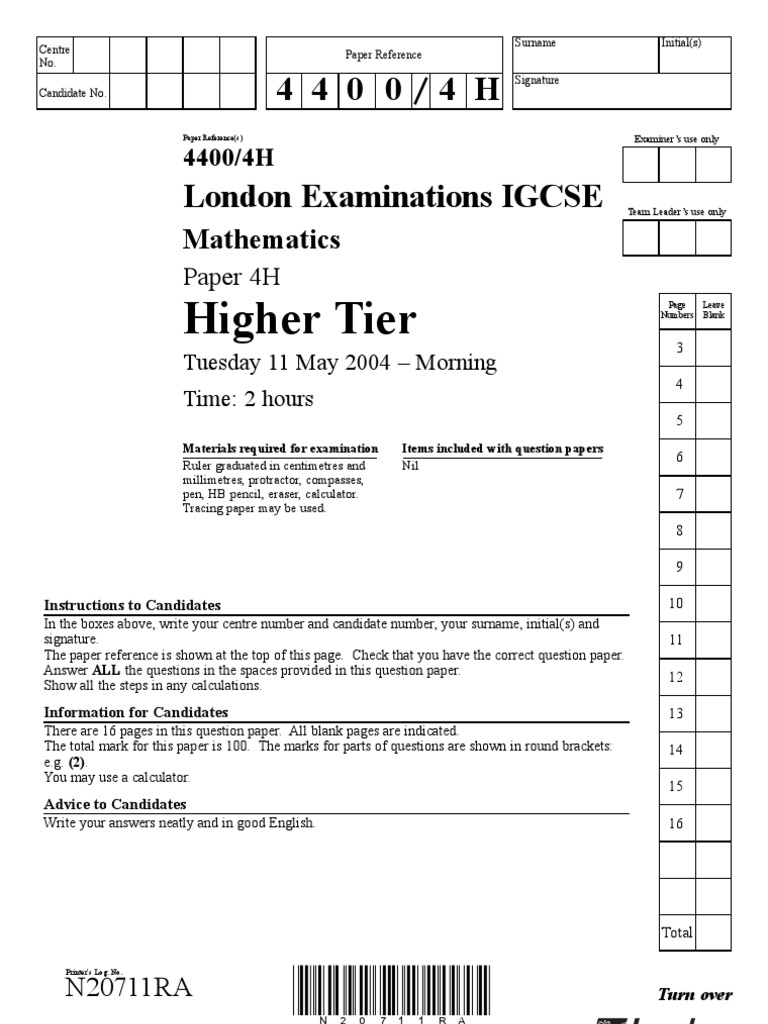 IGCSE Mathematics 4400 May 2004 Question Paper and Mark Scheme Paper 4H ...