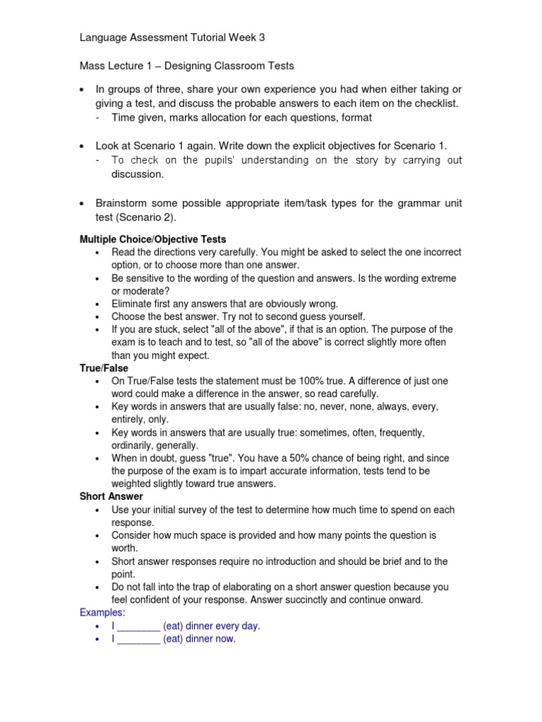 Multiple Choice/Objective Tests: Examples: I - (Eat) Dinner Every Day ...