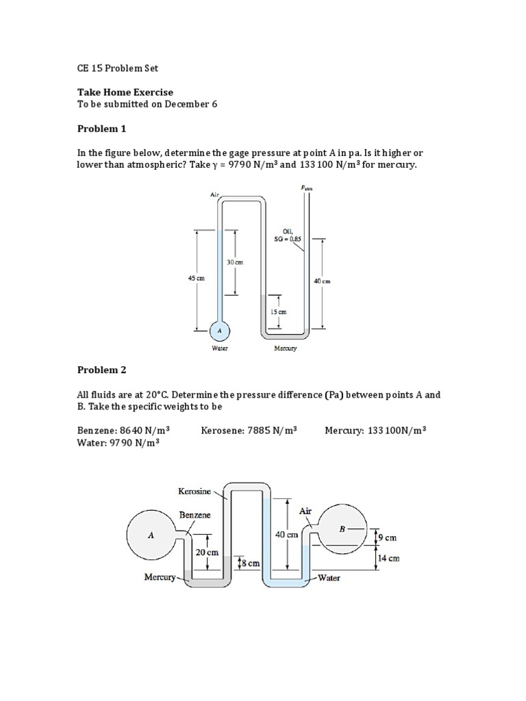 Exercises Fluid Mechanics Pressure Materials Science