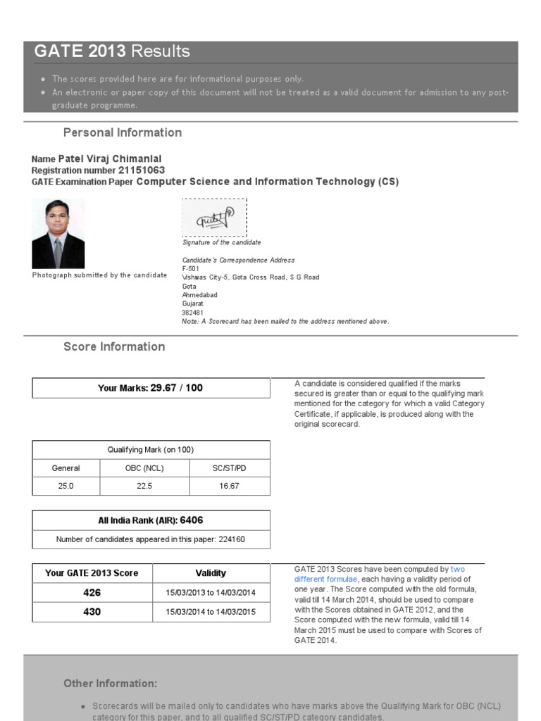 GATE 2013 Results for CS Candidates | PDF