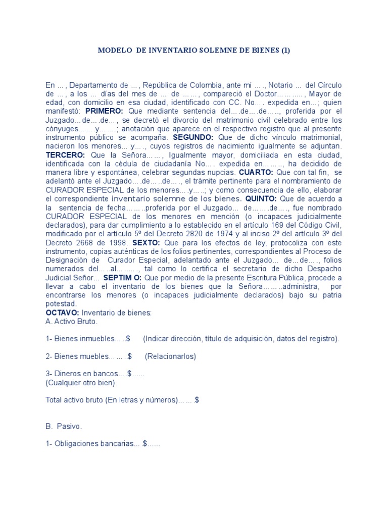 Modelo de Inventario Solemne de Bienes | Matrimonio | Divorcio