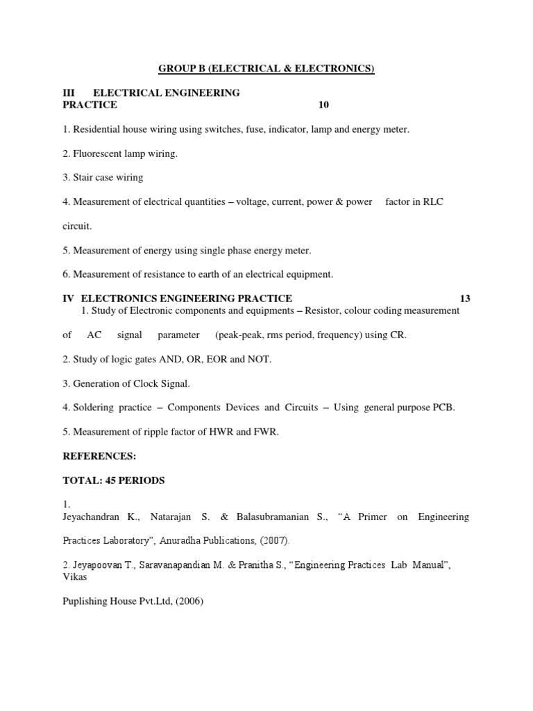 Group B (Electrical & Electronics) Iii Electrical Engineering Practice ...