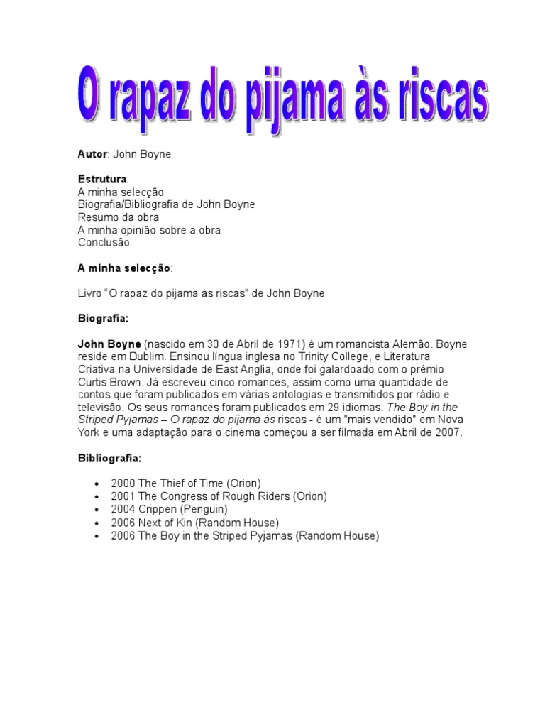 Resumo Do Livro O Rapaz Do Pijama às Riscas