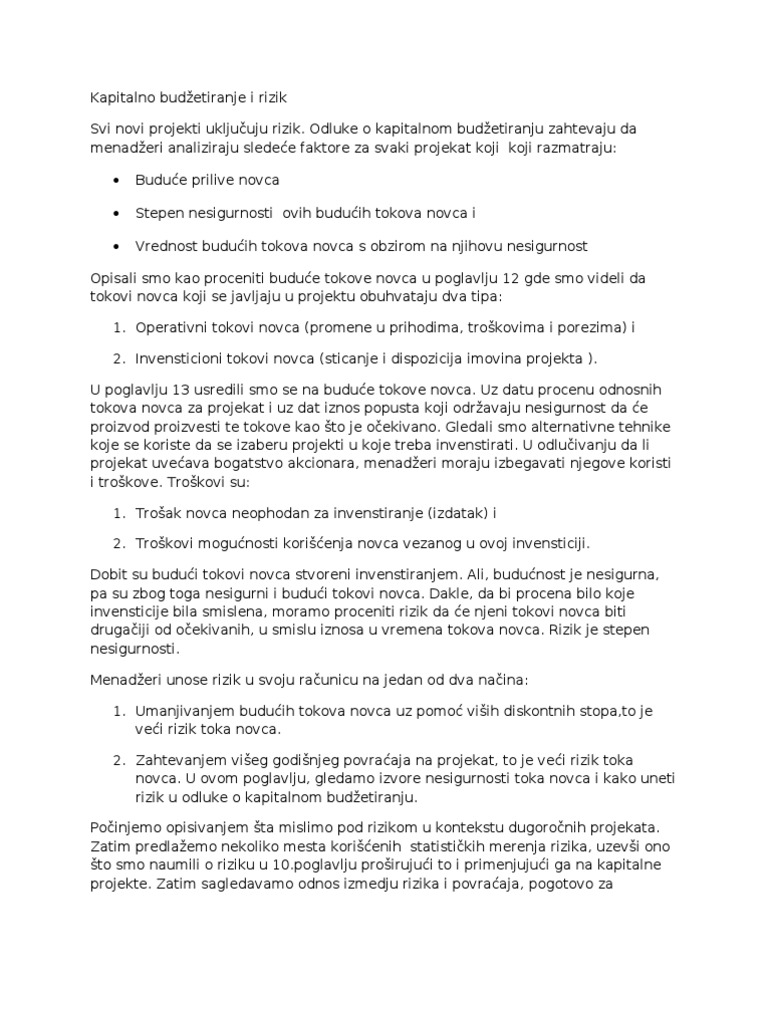 Kapitalno Budžetiranje I Rizik | PDF