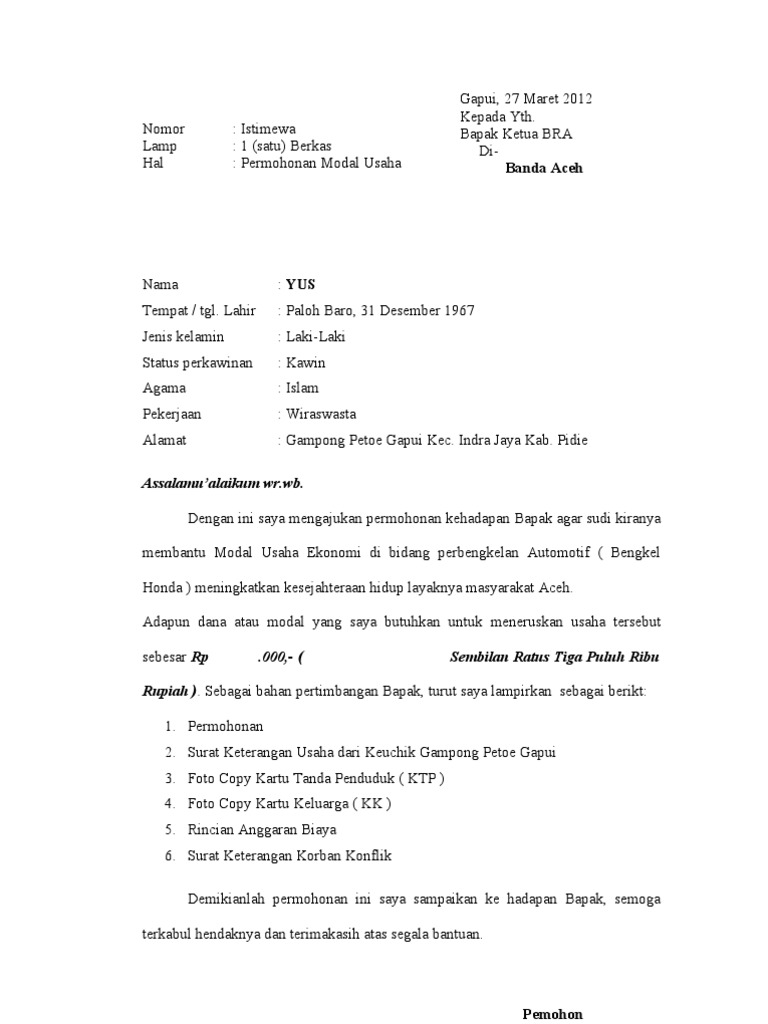 Surat Permohonan Modal Usaha Pdf