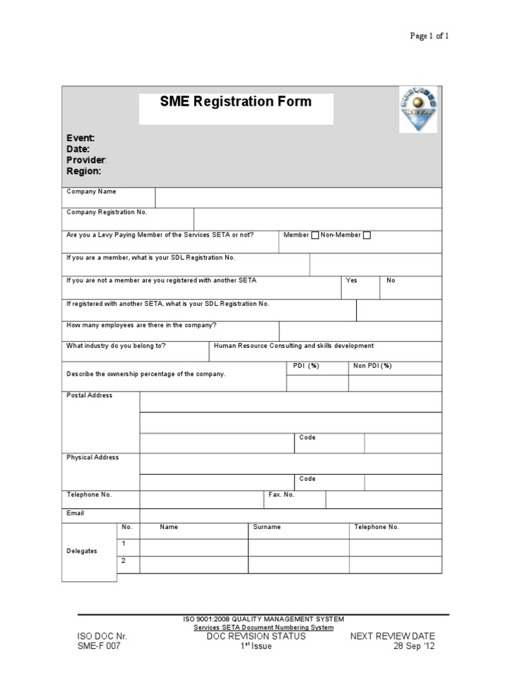 SME Registration Form Event Date Provider Region PDF