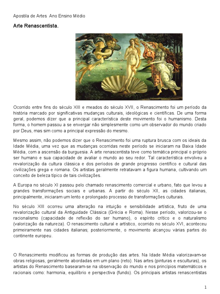 ATIVIDADE - ARTE RENASCENTISTA - TUDO SALA DE AULA.pdf  Atividades de  arte, Arte renascentista, Renascentismo