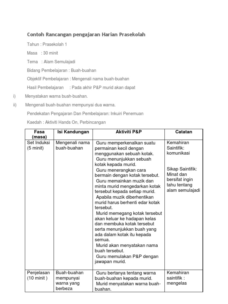 Contoh Rancangan Pengajaran Harian Prasekolah Pdf