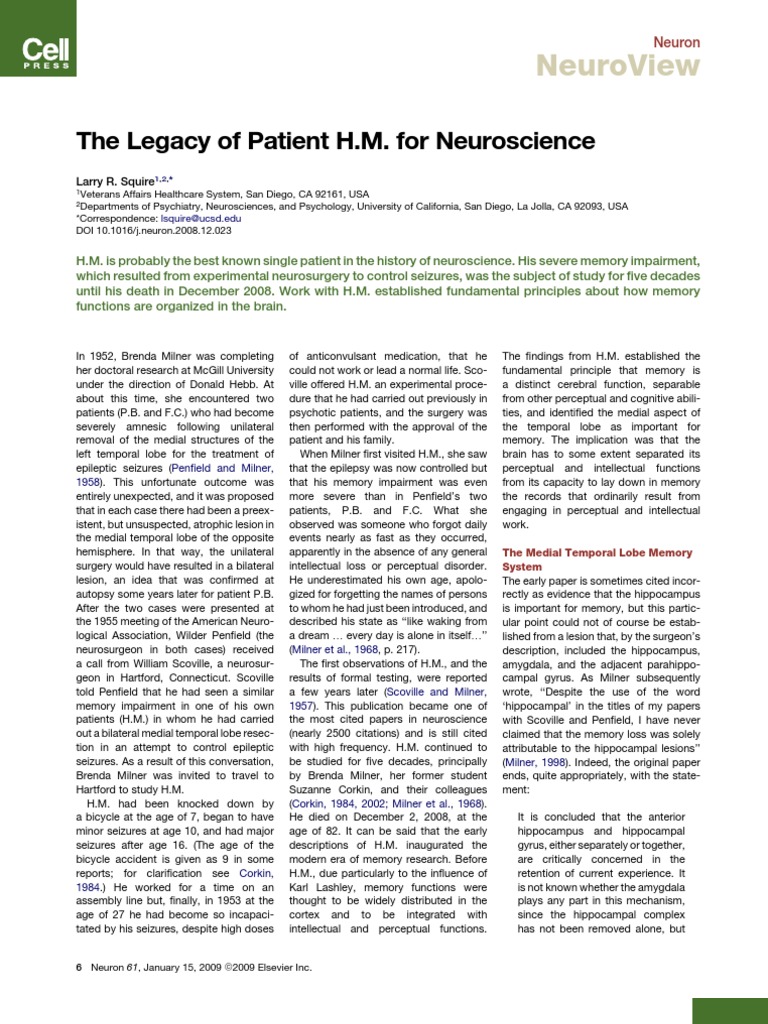 The Legacy of Patient H.M. for Neuroscience: Establishing the Role of ...