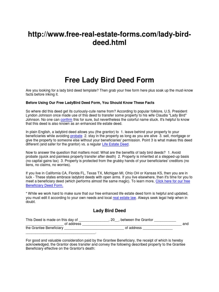 Free Lady Bird Deed Form | PDF | Deed | Common Law for Free Printable Gift Deed Form Texas