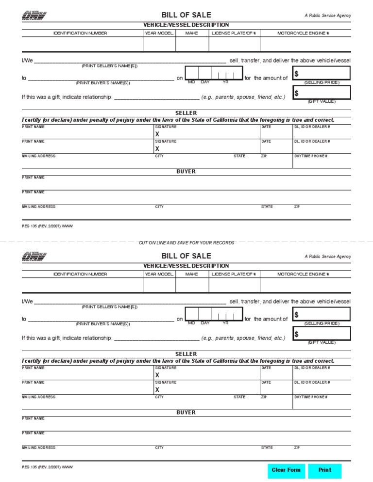 California Dmv Bill Of Sale Reg 135