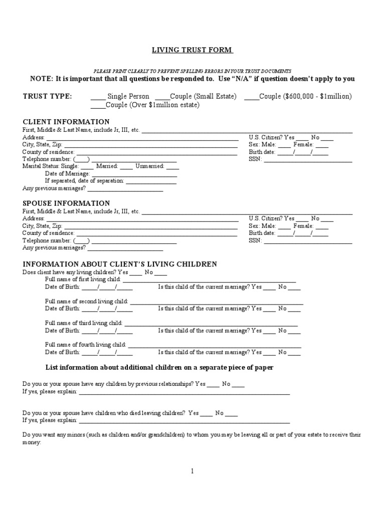 Free Living Trust Form