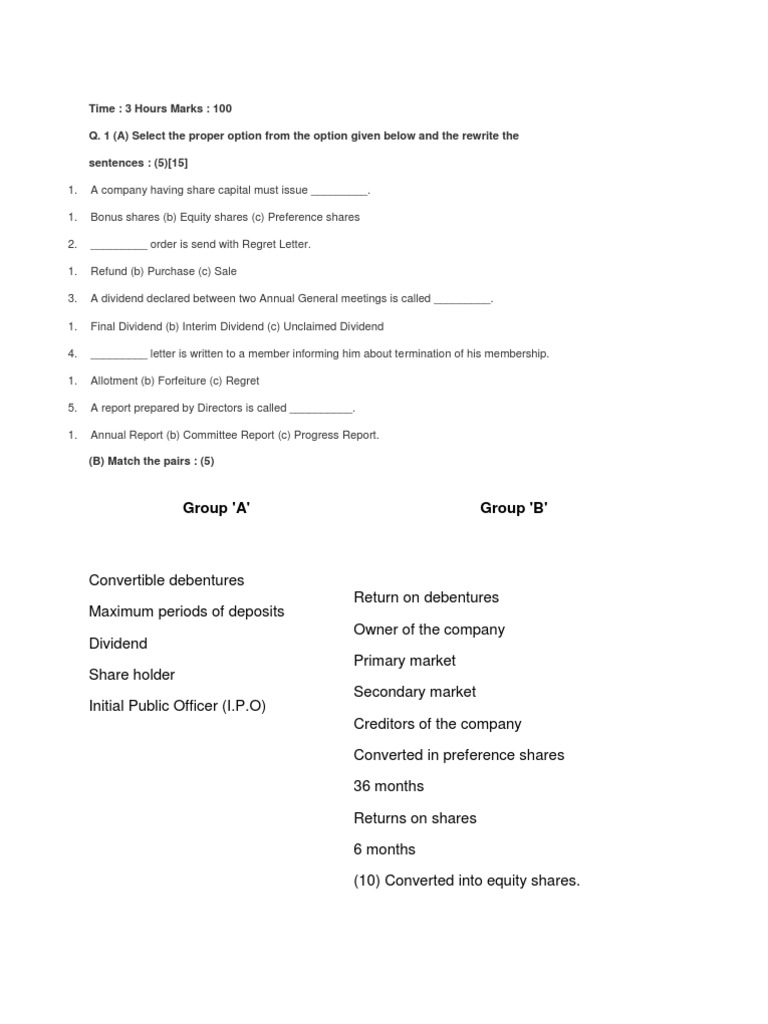 Group 'A' Group 'B' PDF Stocks Preferred Stock