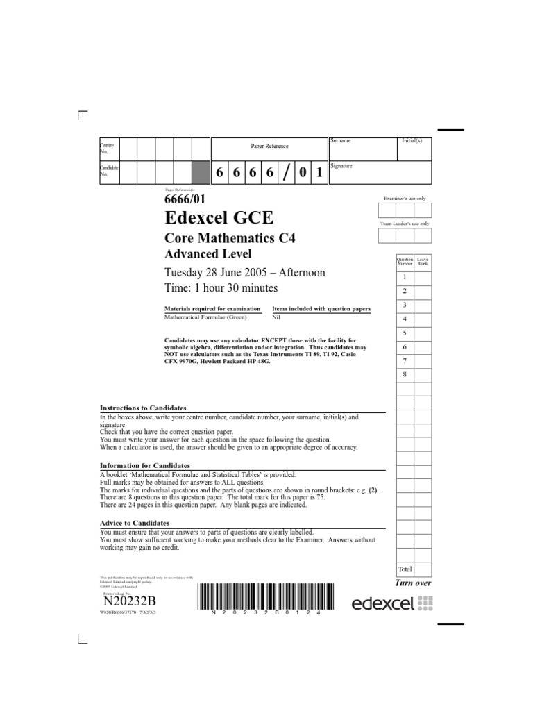 Edexcel GCE Core 4 Mathematics C4 6666/01 Advanced Subsidiary Jun 2005 ...