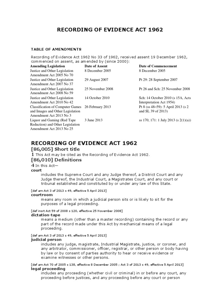 Recording of Evidence Act 1962 Deposition (Law) Courtroom