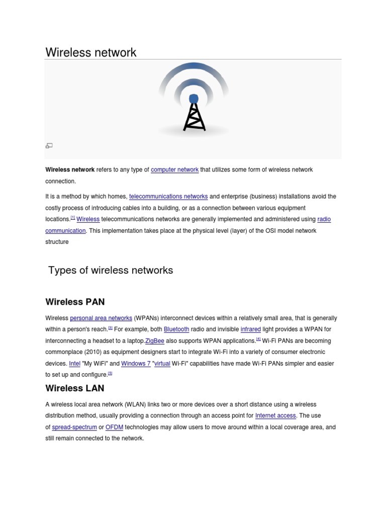 Wireless Network Types of Wireless Networks PDF Wireless Lan Wireless Network