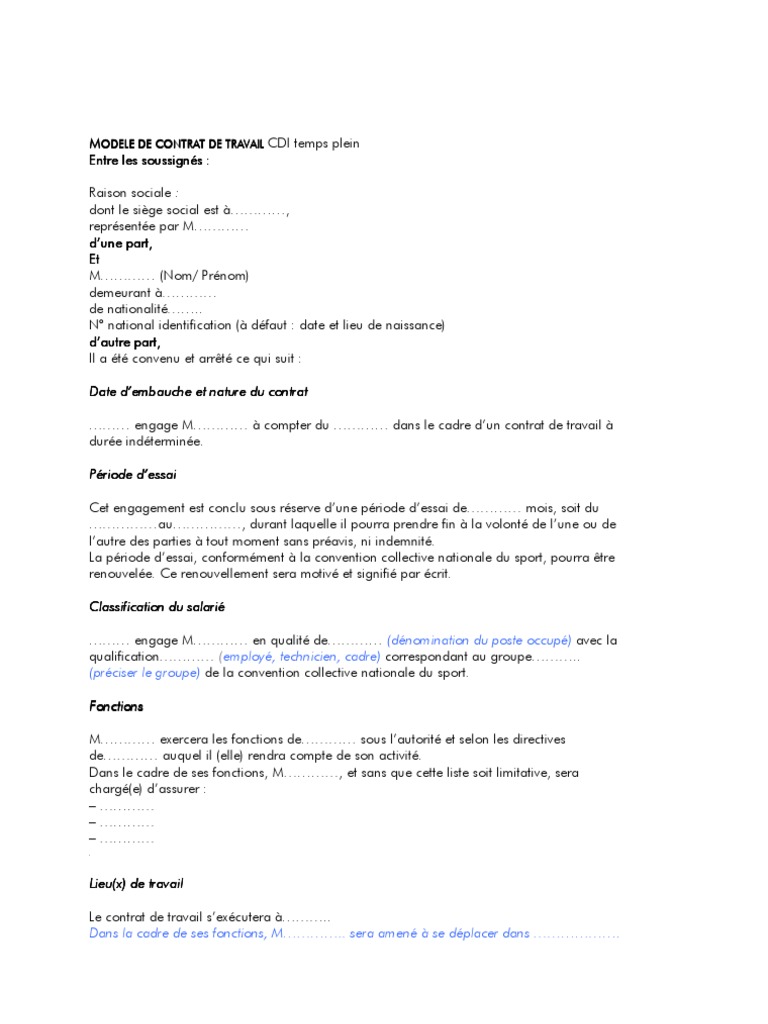 Modele De Contrat De Travail Cdi Temps Plein Convention Collective Relations Entre Employes