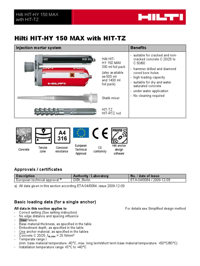 Hilti - Hit Hy 150 Max Cu Hit TZ - 1 | PDF | Concrete | Strength Of ...