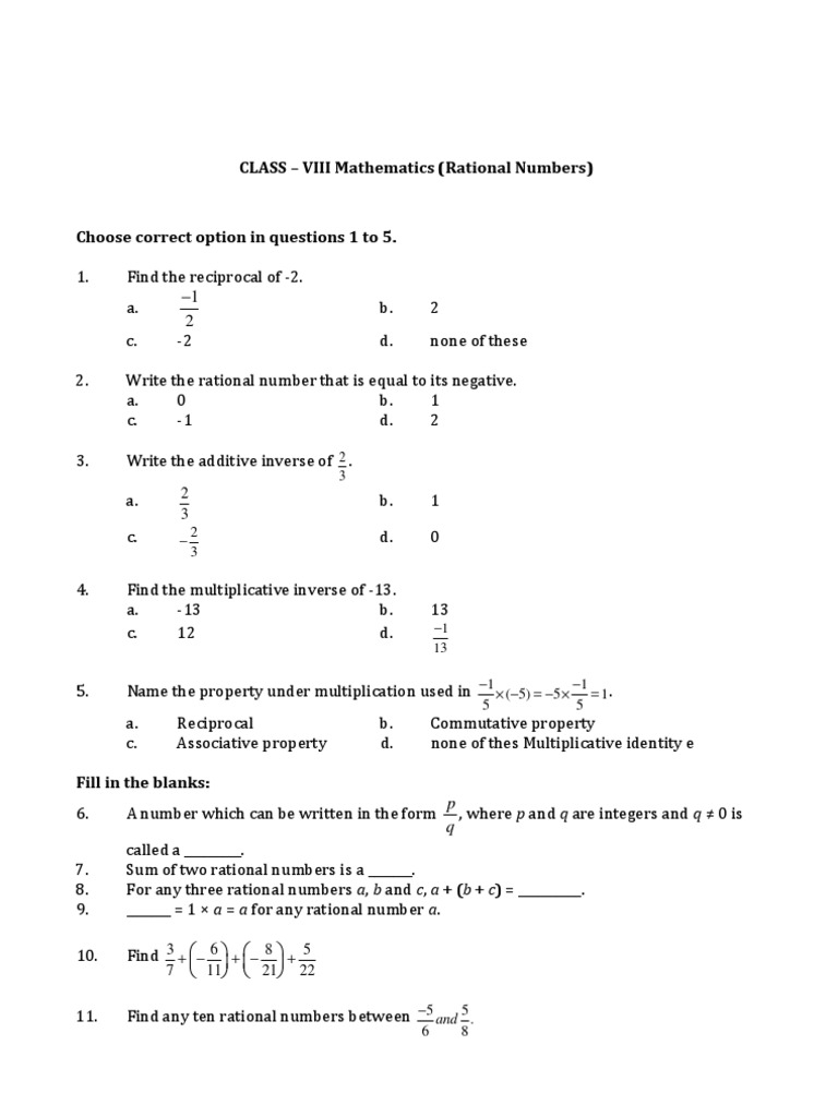 Class VIII Rational Numbers Quiz | PDF