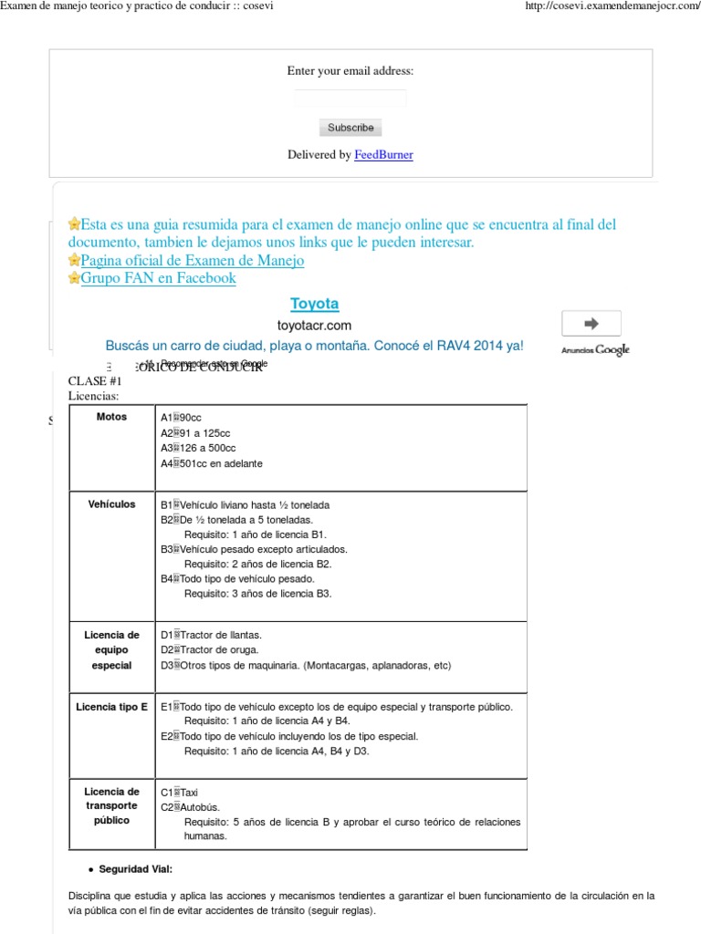 Examen de Manejo Teorico y Practico de Conducir Cosevi PDF