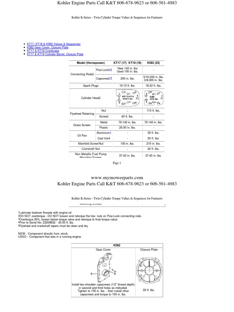 Kohler K Series Twin Cylinder Engine Torque Values and Sequences For