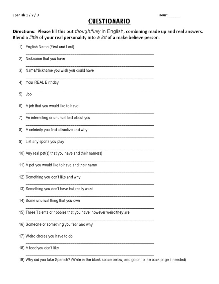 Spanish Class Questionnaire For TPRS/CI Classes | PDF