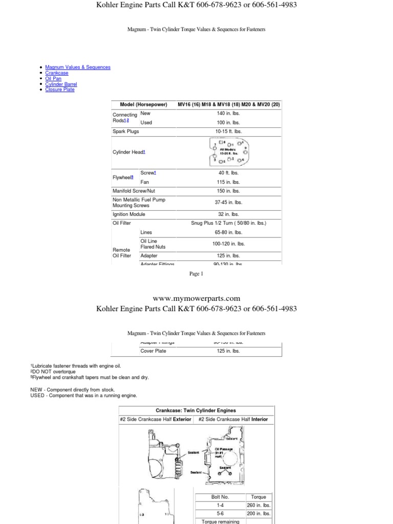 Kohler Engine Torque Specifications