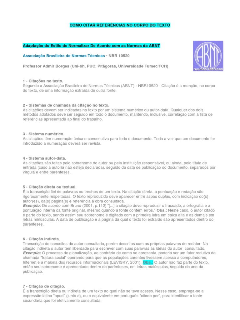 Como Citar Refer ncias No Corpo Do Texto Abnt PDF