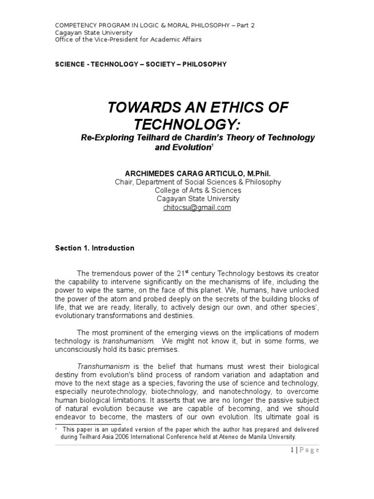 Ethics of Technology & Evolution | PDF | Human | Transhumanism