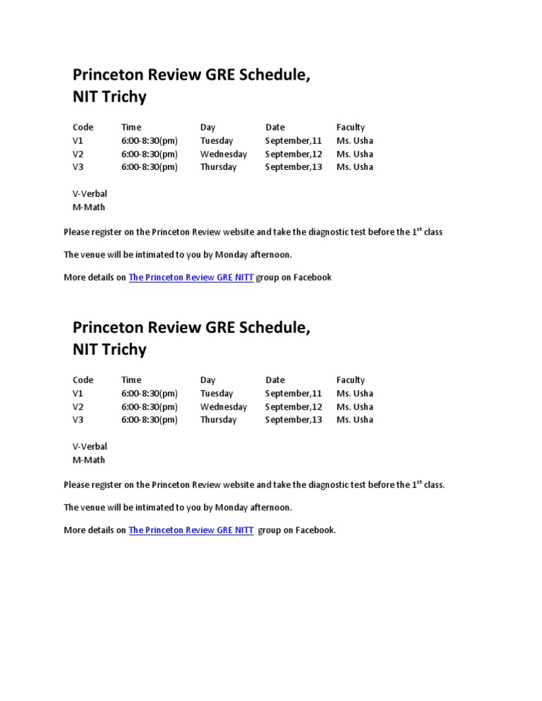 Princeton Review GRE Schedule PDF Business