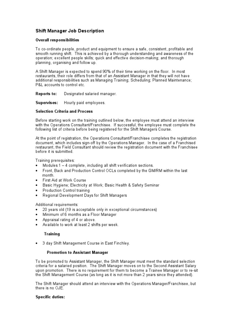 Shift Running Floor Manager Job Description Franchising Team Building