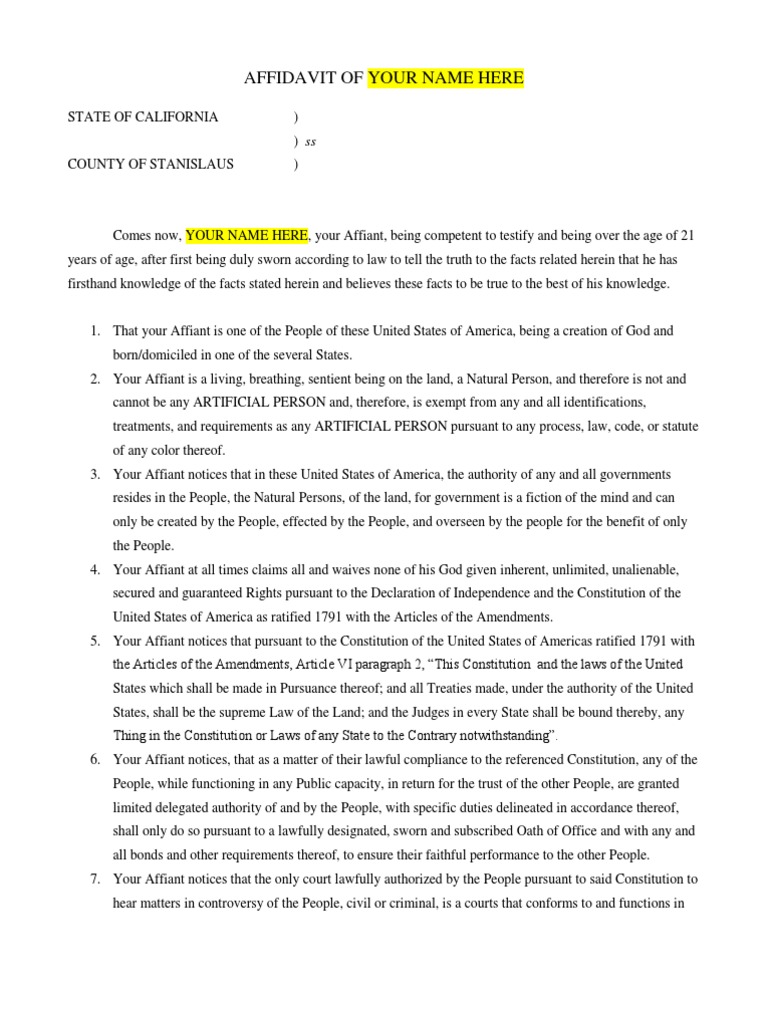 Affidavit of Your Name Only For Natural Persons Inapplicable To