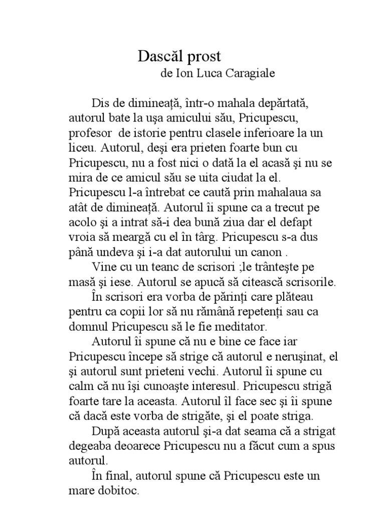 Rezumat Ion Luca Caragiale Dascal Prost de Ion Luca Caragiale Rezumat | PDF