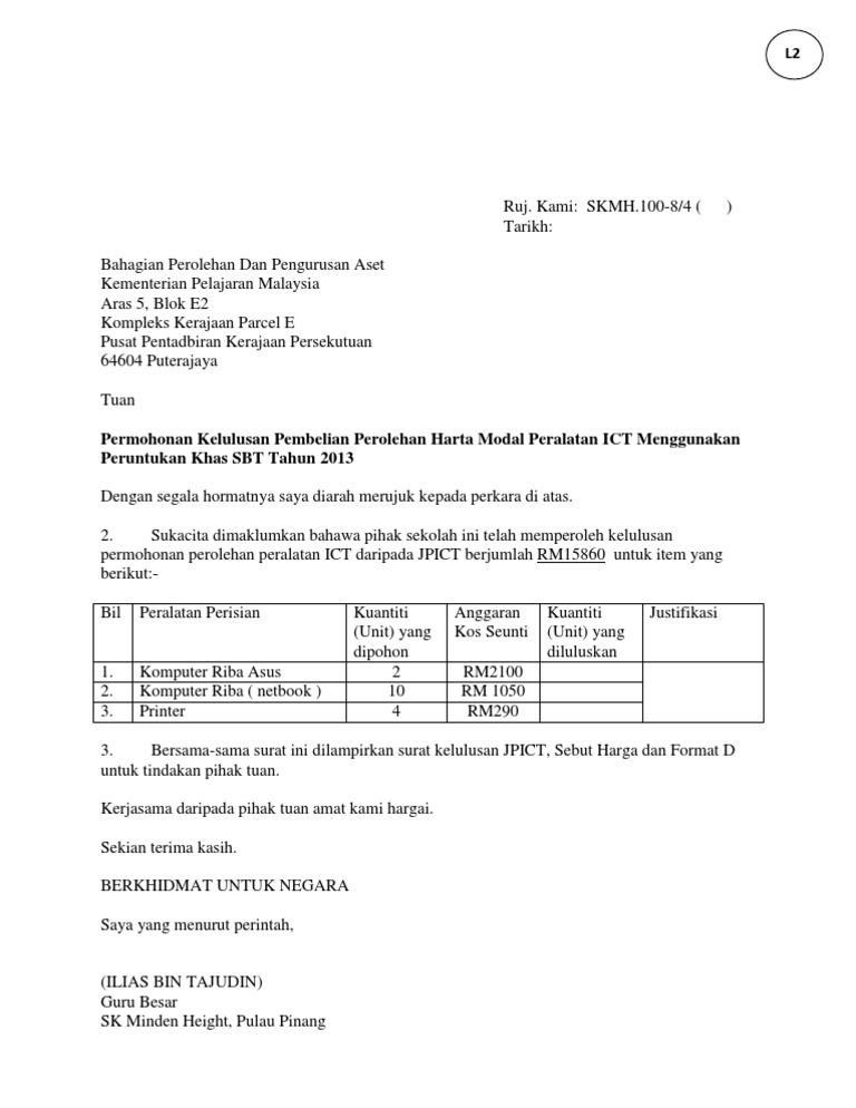 Format Surat Perolehan Permohonan Kelulusan Ict Pdf