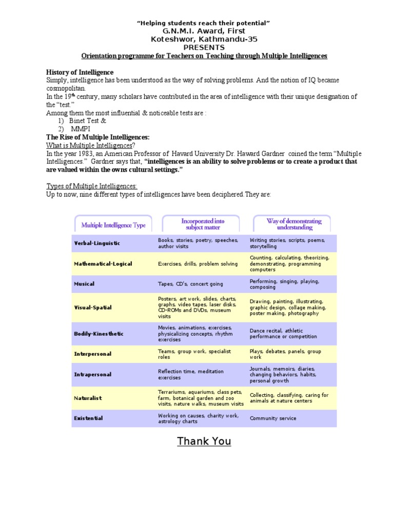 Orientation on Multiple Intelligences | PDF
