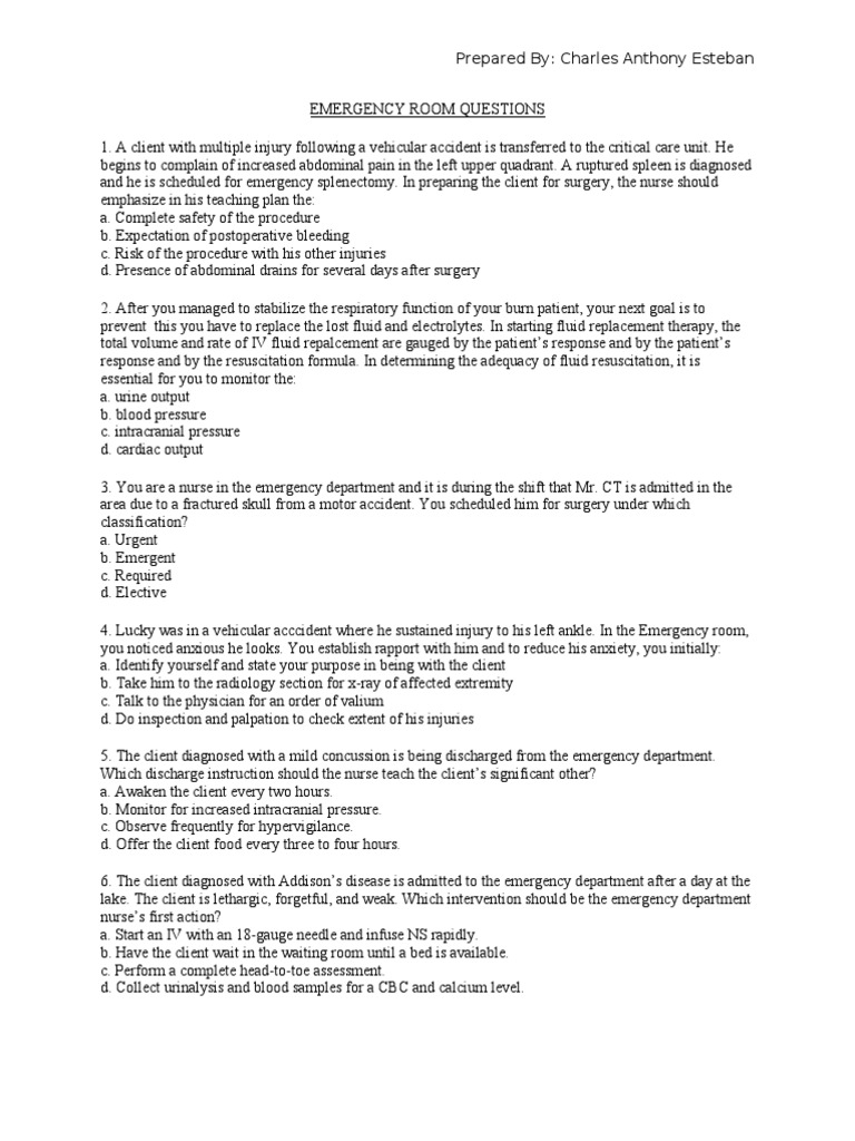 Emergency Room Questions PDF Emergency Department Cardiopulmonary