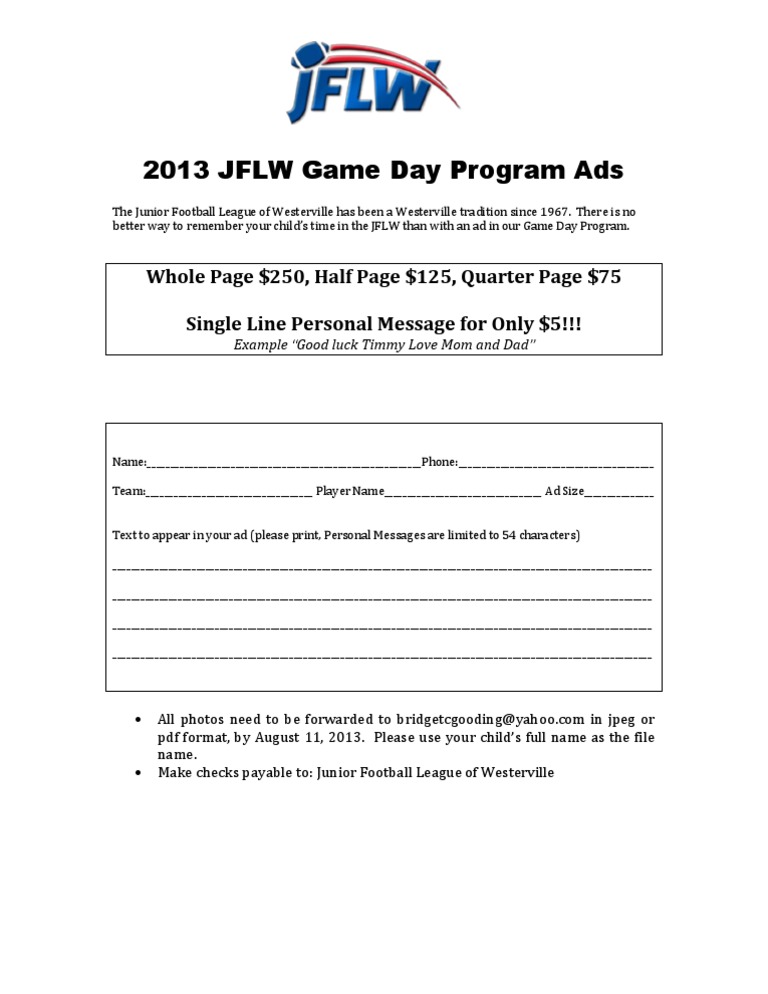JFLW Game Day Program Ad Options | PDF | Career & Growth | Sports ...