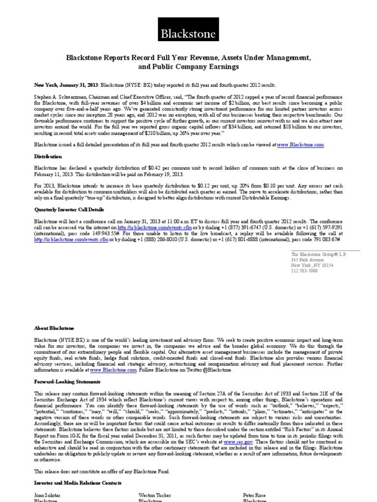 Blackstone Reports Record Full Year Revenue, Assets Under Management