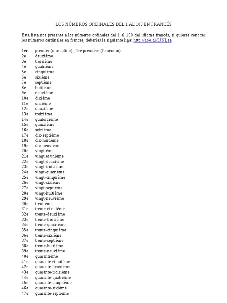 Números Ordinales en Francés Del 1 Al 100 | PDF | Grand Prix automobile ...